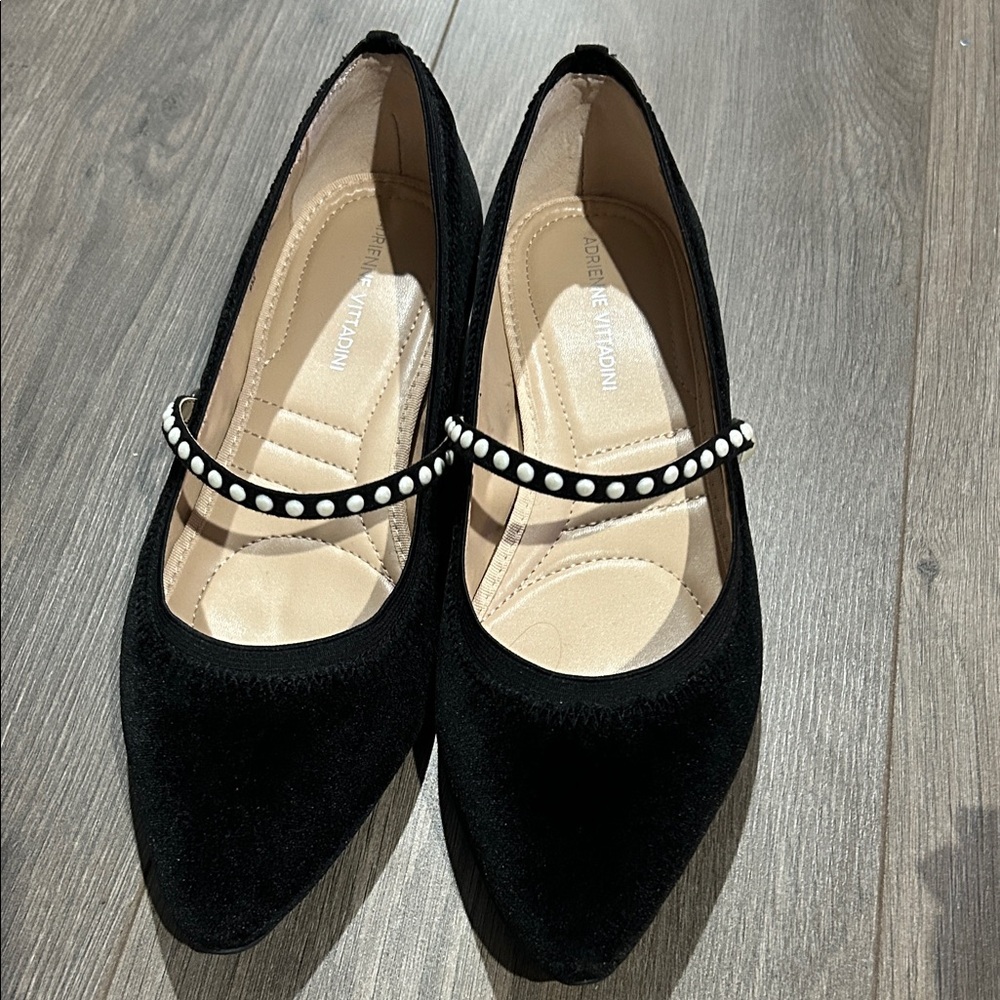 Adrienne Vittadini Black Pearl-Studded Mary Jane Flats